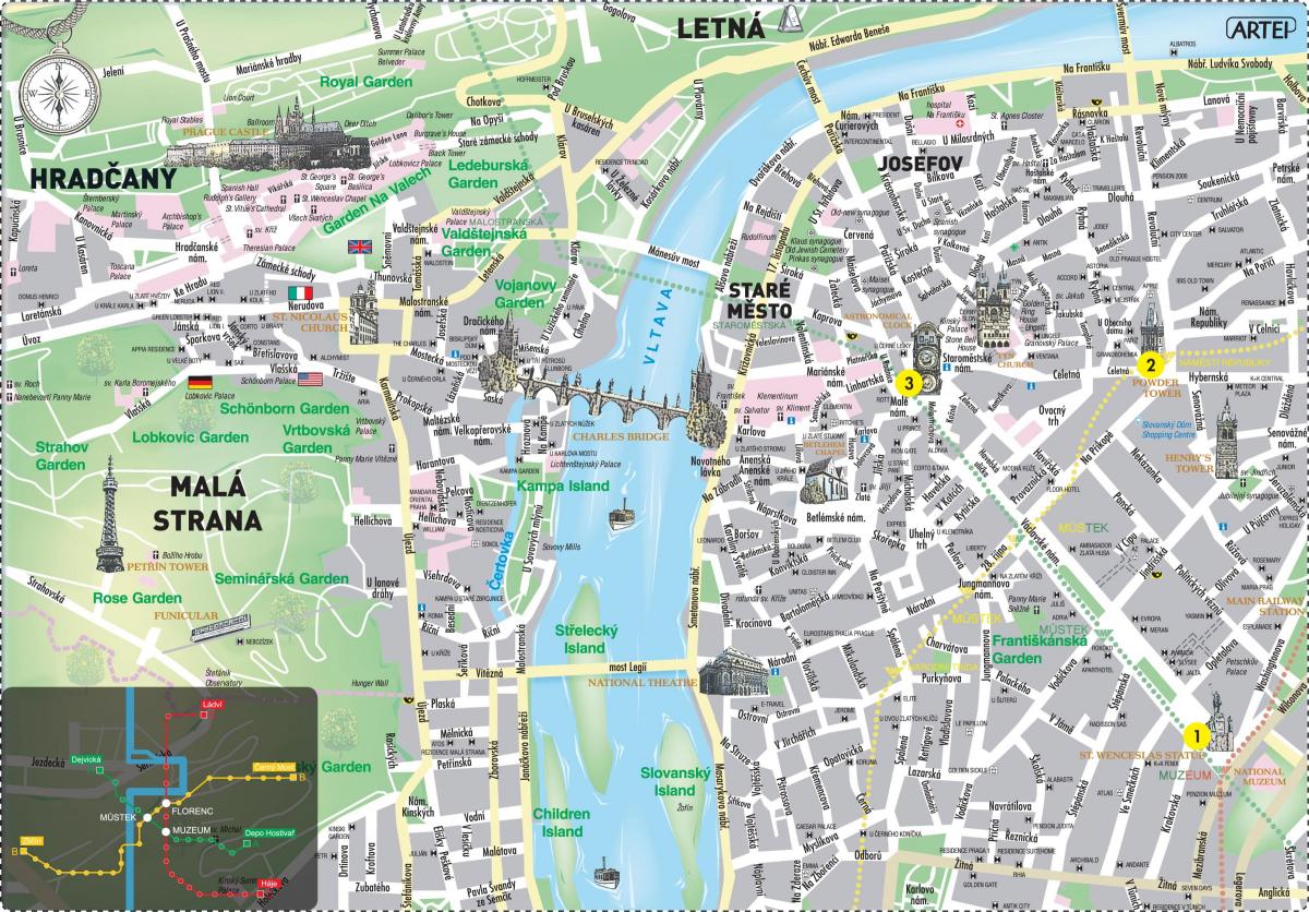 Karte von Prag Stadtzentrum, in Englisch